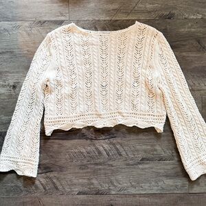 Sincerely Jules Cream Bell Sleeve Crochet Knit Crop Top Boho Scalloped Hem
